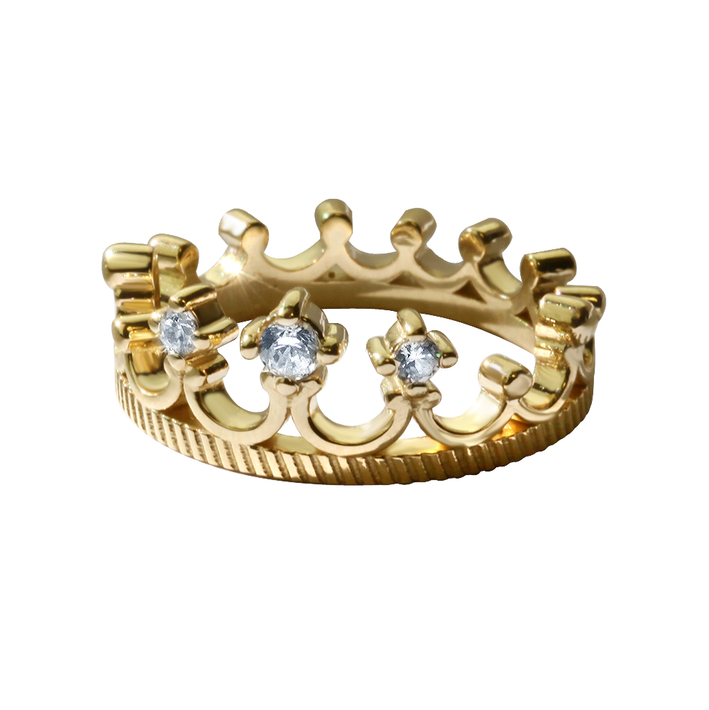 CROWN THREE STONE YELLOW GOLD RING