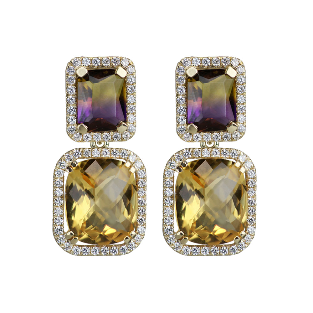 EMERALD AMETHYST AND CUSHION CITRINE EARRING