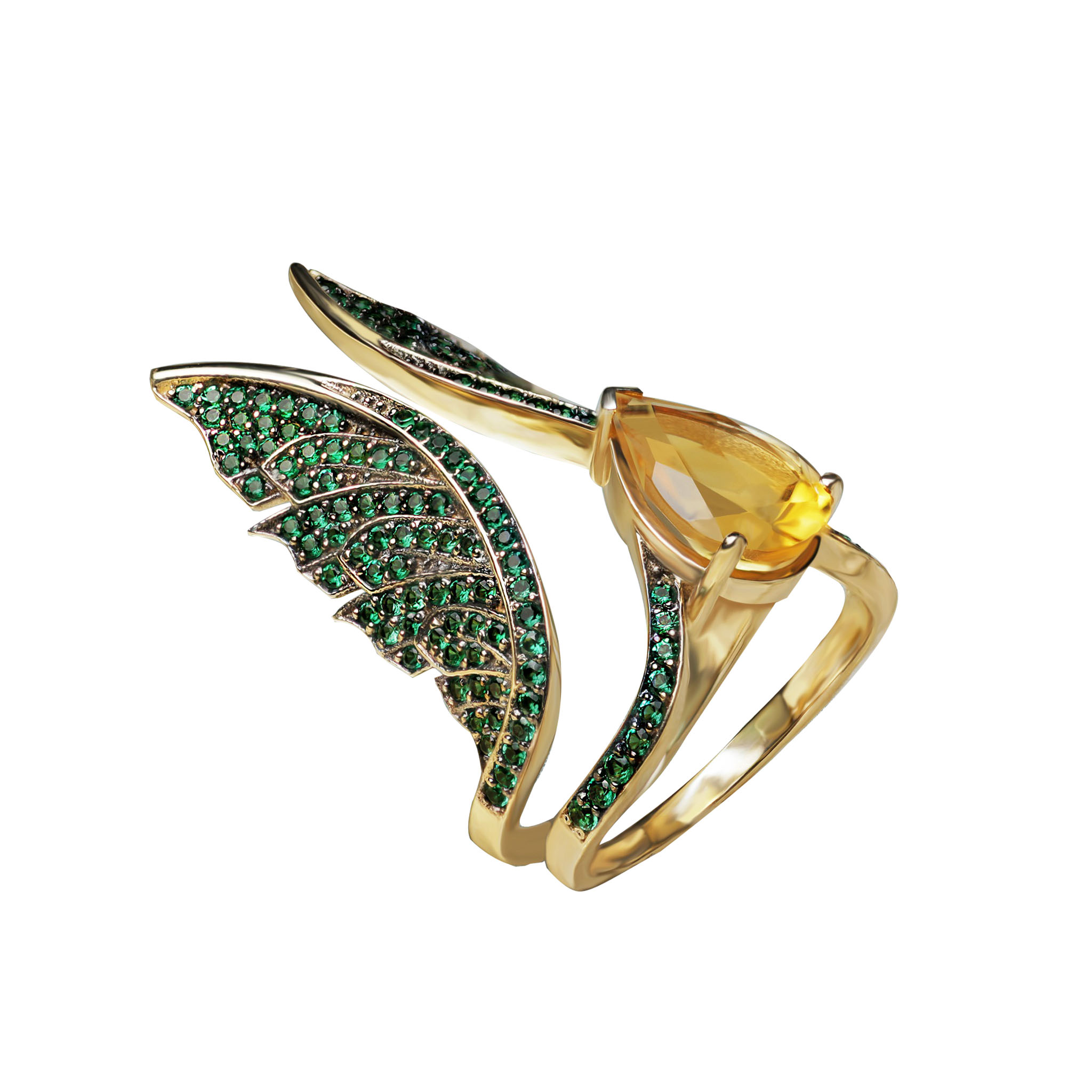 Pear Wings Ring in pear citrine and emeralds
