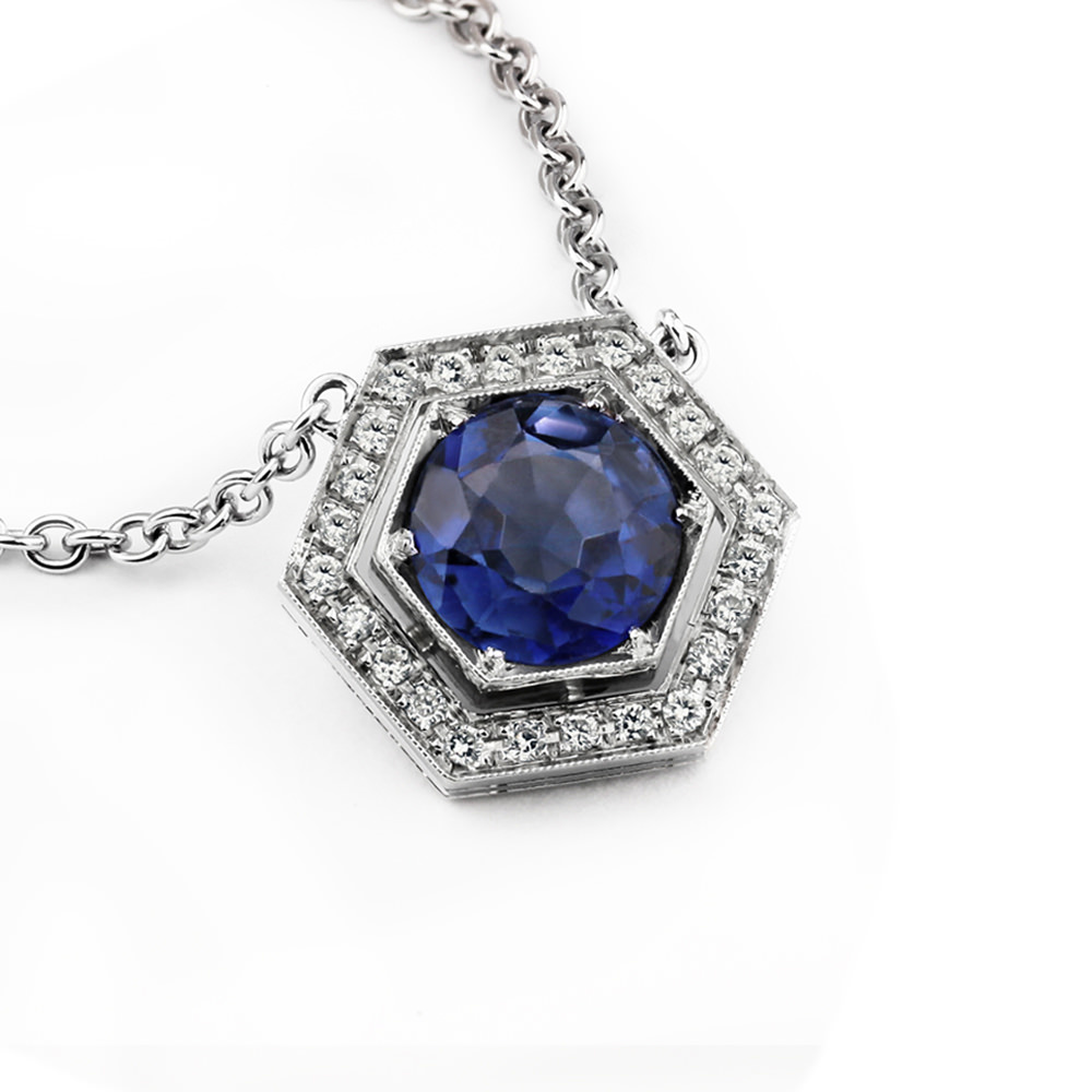 TANZANITE HEXAGONAL HALO NECKLACE 