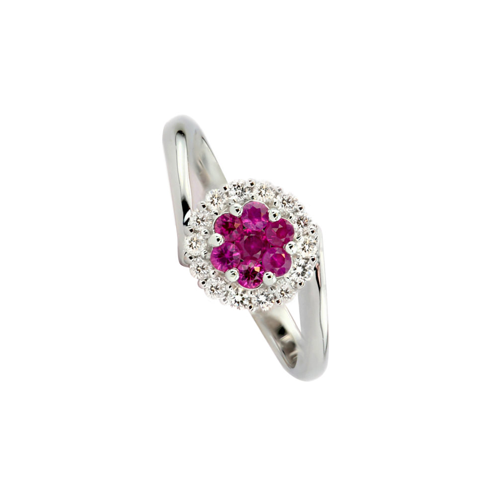 RUBY ROUND HALO TWIST SOLITAIRE RING 