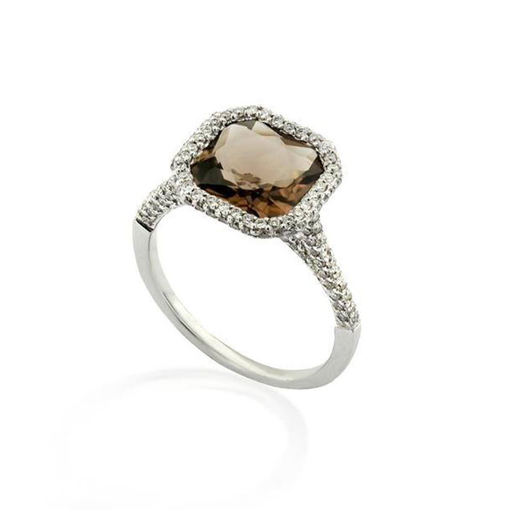 SMOKY QUARTZ HALO PAVE SOLITAIRE RING