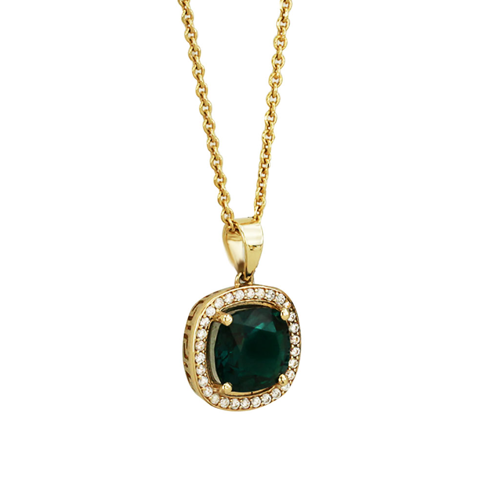 SINGLE HALO CUSHION EMERALD NECKLACE
