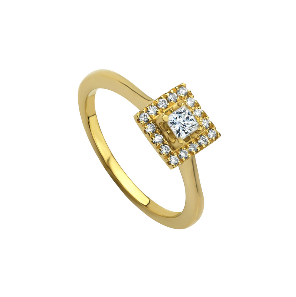 PRINCESS HALO YELLOW GOLD SOLITAIRE RING
