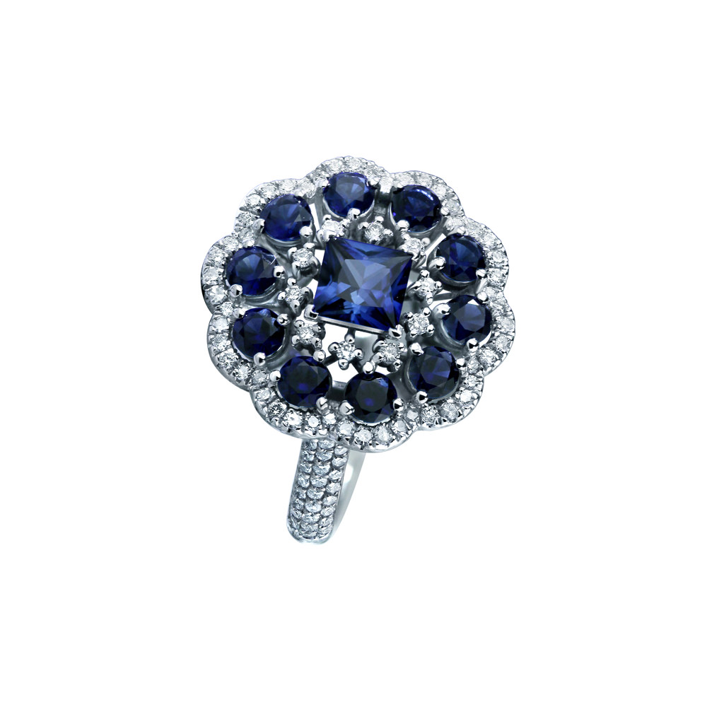 SAPPHIRE PRINCESS FLORAL HALO RING 