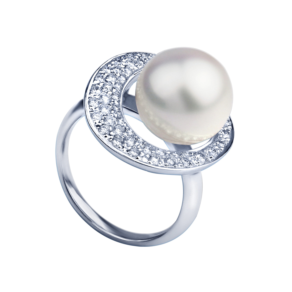 PEARL PAVE ROUND WHITE GOLD RING