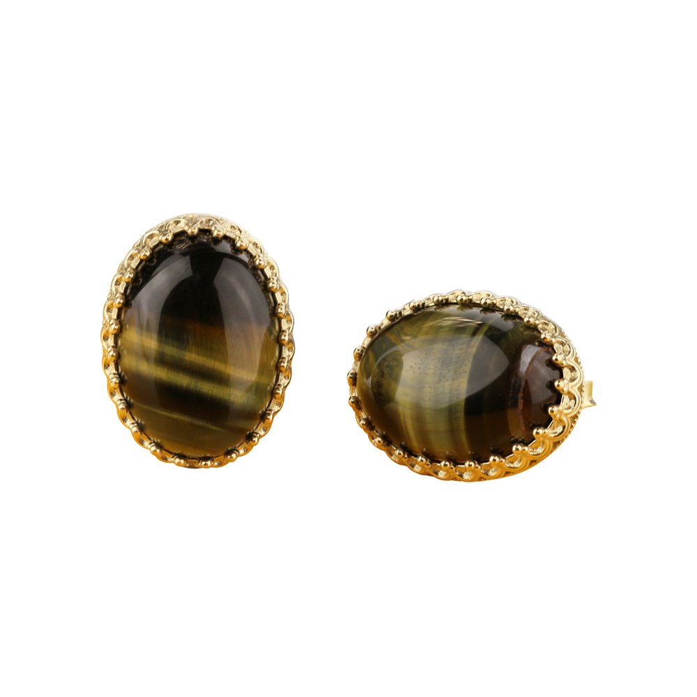 TIGER EYE FILIGREE YELLOW GOLD EARRINGS