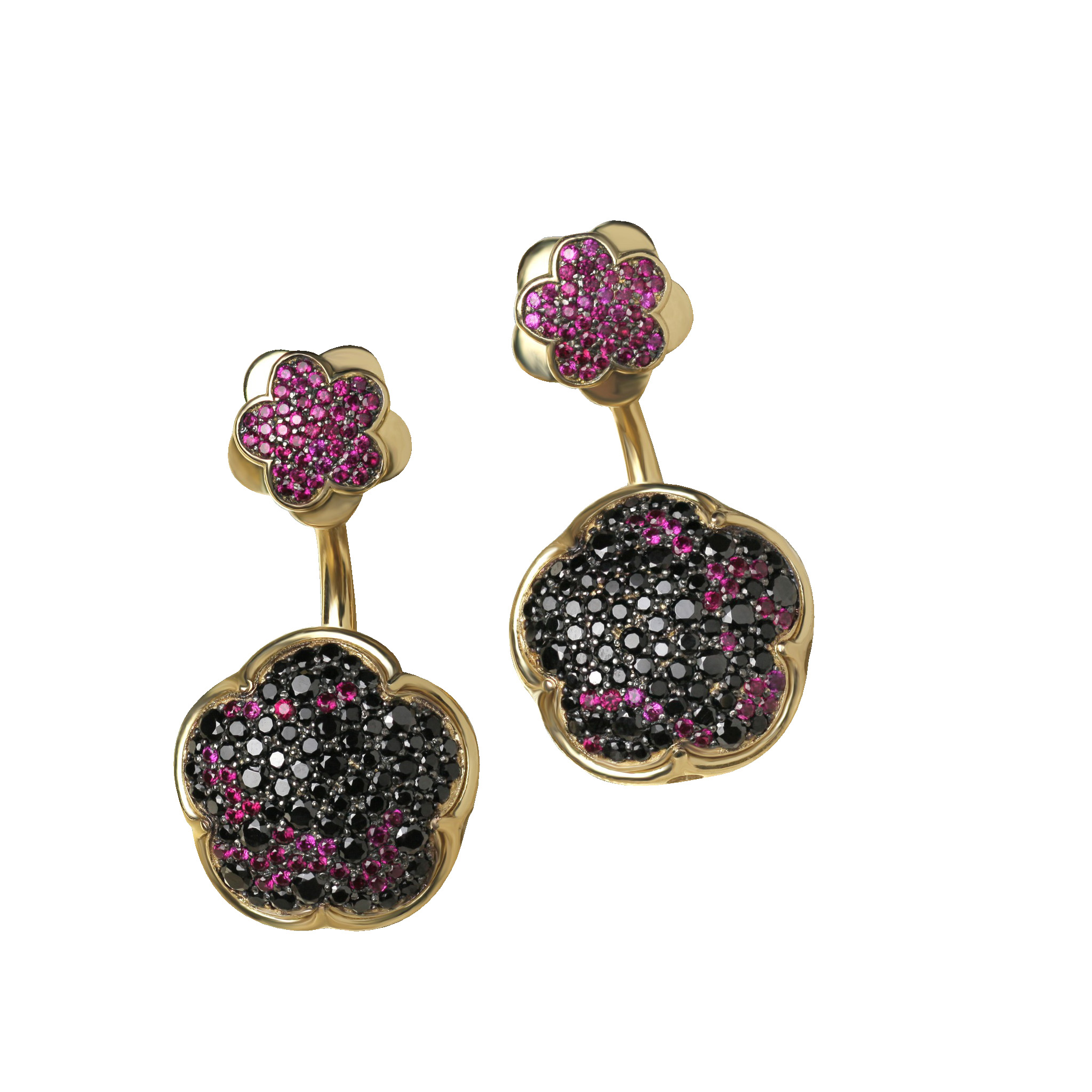 BLACKBERRY PIERCE EARRINGS - WITH RUBIES AND BLACK ZIRCONS. 