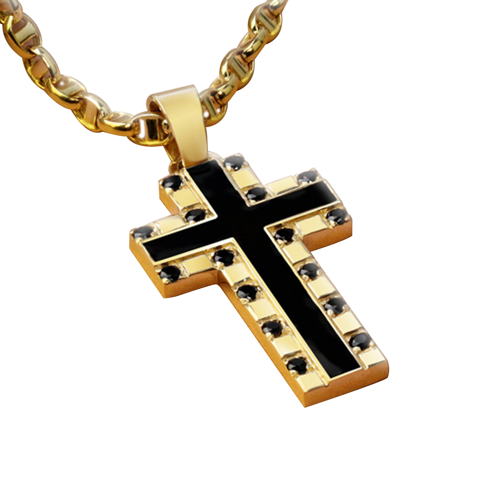 MEN BLACK ENAMEL STUDDED YELLOW GOLD CROSS
