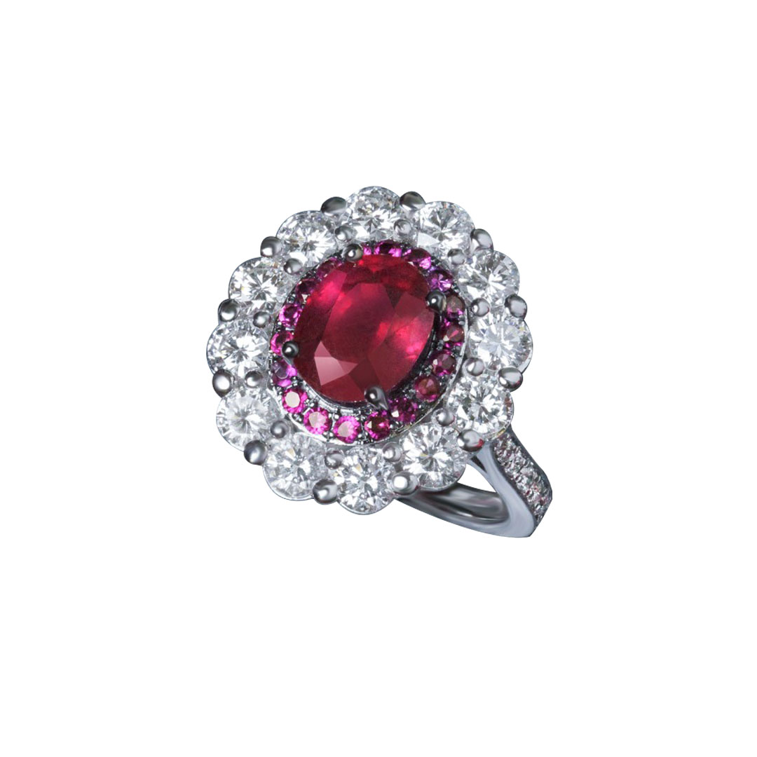 RUBY DUBLE HALO RING 